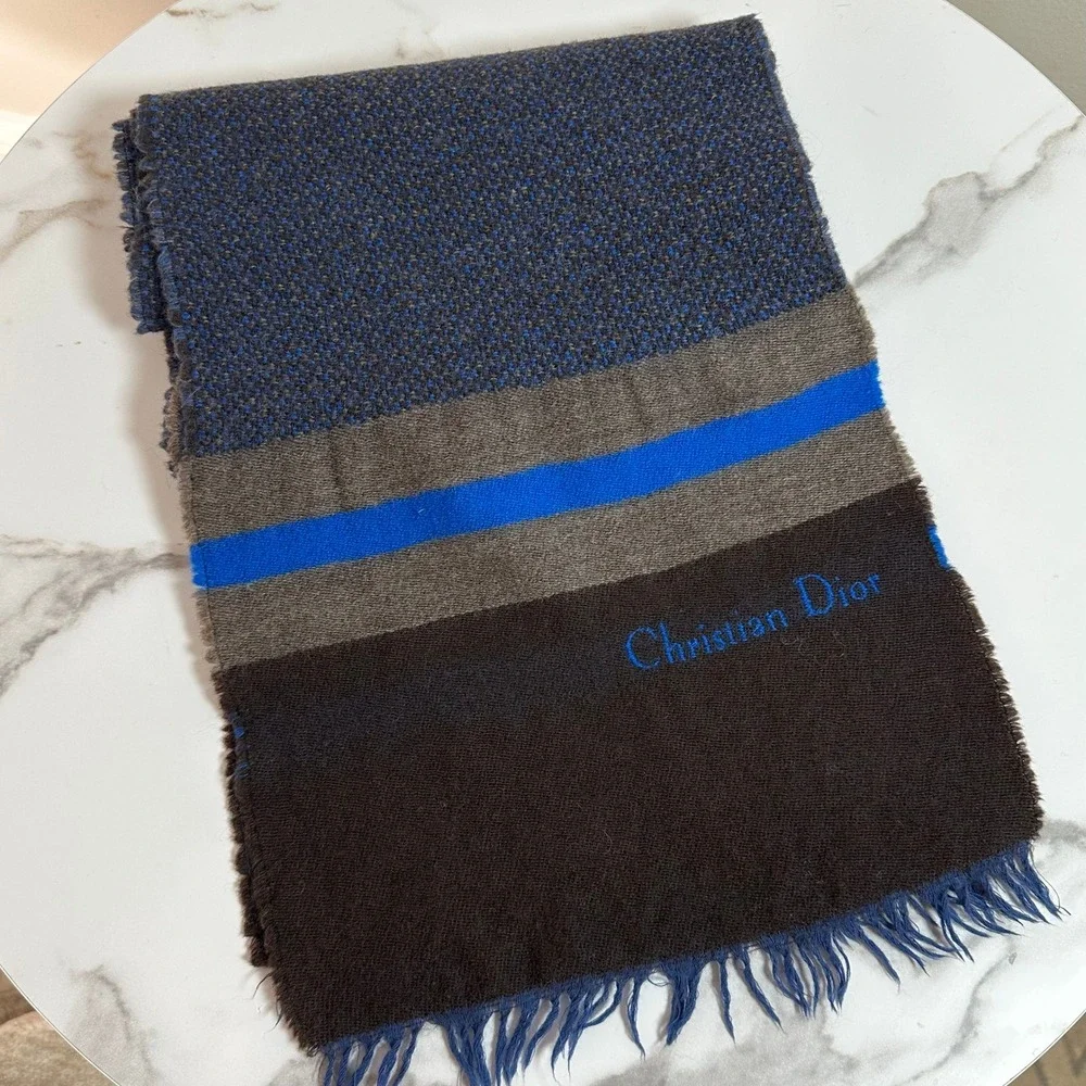 Christian Dior VTG Wool Scarf Blue Brown Stripe West‎ Germany 1970's Luxury